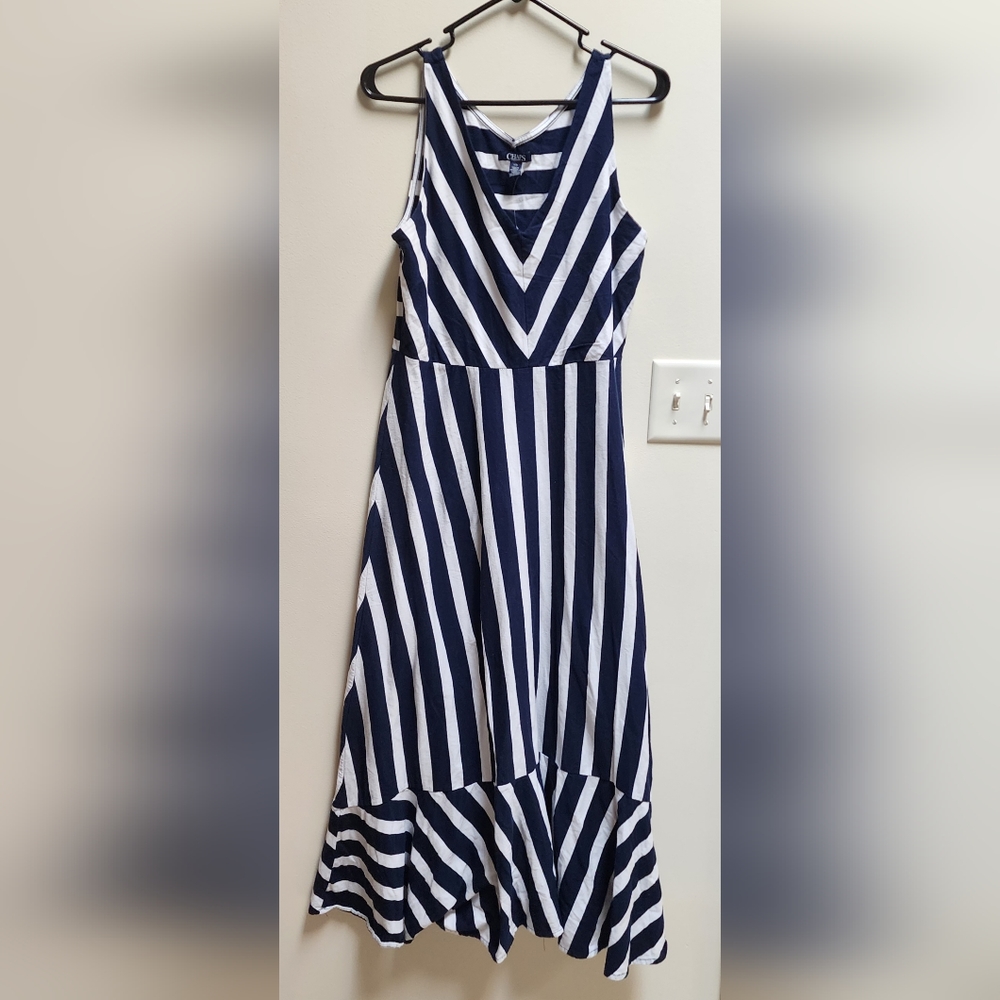 CHAPS Navy Blue & White Nautical Striped Maxi Dress Women's Size L - Picture 1 of 6